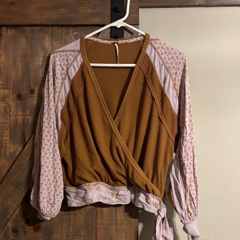Free People Auxton Thermal Wrap Blouse with Light Pink Floral Sleeves